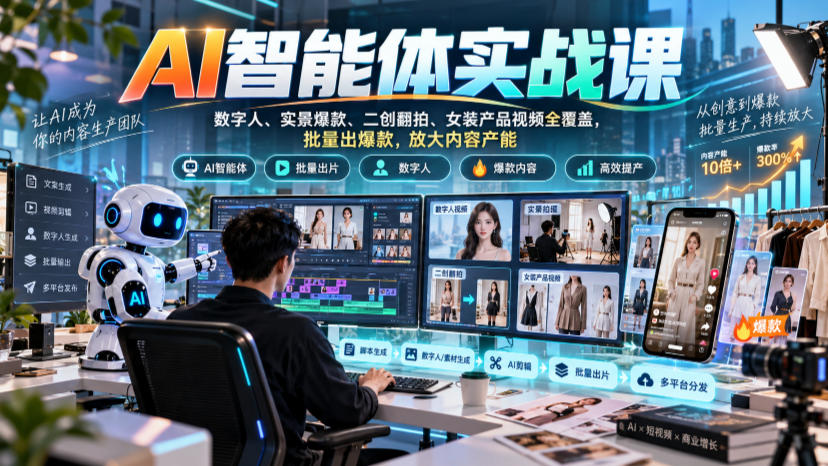 AI智能体实战课，数字人、实景爆款、二创翻拍、女装产品视频全覆盖，批量出爆款，放大内容产能-易创网