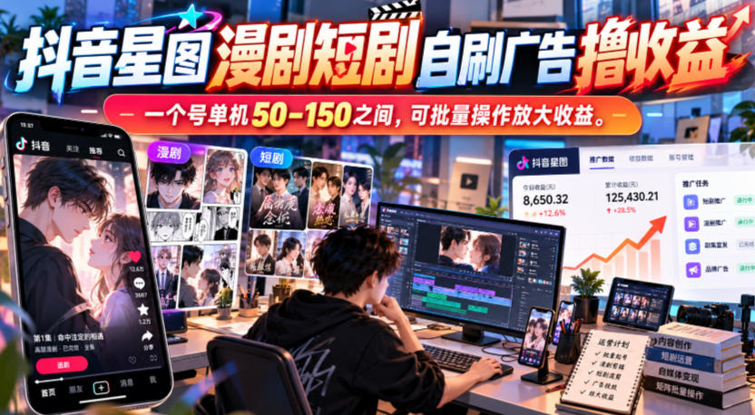 抖音星图漫剧短剧自刷广告撸收益，一个号单机50-150之间，可批量操作放大收益-易创网
