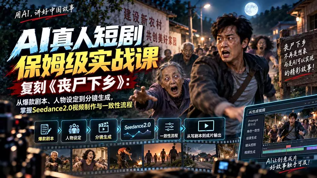 AI真人短剧保姆级实战课，复刻《丧尸下乡》：从爆款剧本、人物设定到分镜生成，掌握Seedance2.0视频制作与一致性流程-易创网