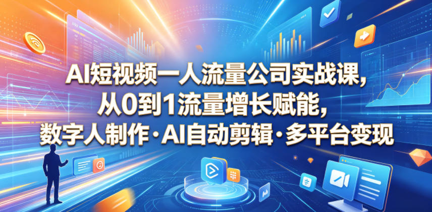 AI短视频一人流量公司实战课，从0到1流量增长赋能，数字人制作・AI自动剪辑・多平台变现，一人做流量生意全落地教程-易创网