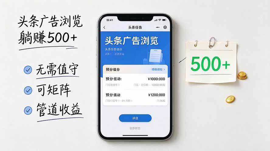 （20835期）头条广告浏览躺赚500+无需值守，可矩阵并附有管道收益-易创网