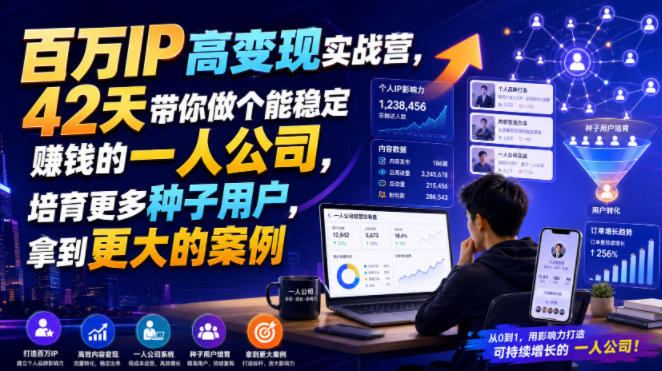 百万IP高变现实战营，42天带你做个能稳定賺钱的一人公司，培育更多种子用户，拿到更大的案例-易创网