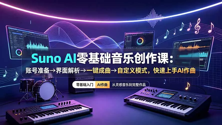 Suno AI零基础音乐创作课：账号准备→界面解析→一键成曲→自定义模式，快速上手AI作曲-易创网