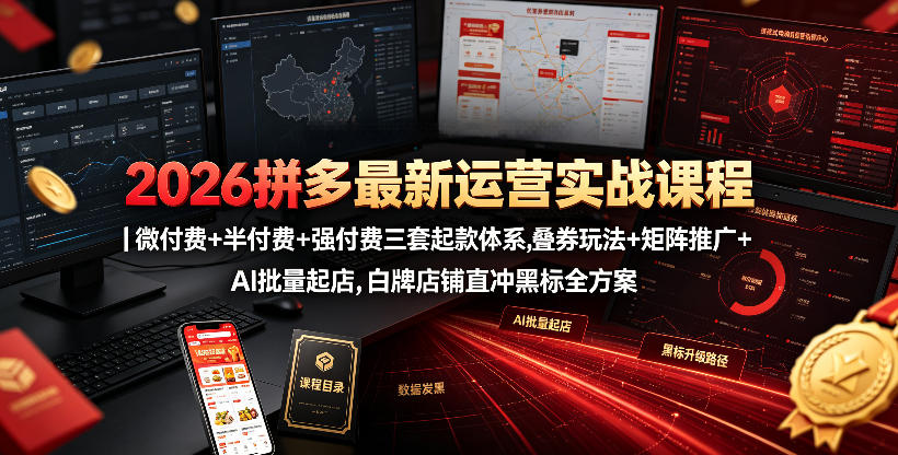 2026拼多多最新运营实战课程｜微付费+半付费+强付费三套起款体系，叠券玩法+矩阵推广+AI批量起店，白牌店铺直冲黑标全方案-易创网