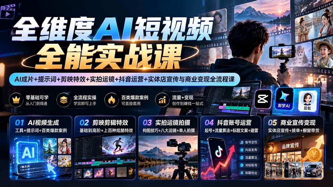 （20768期）【无水印】全维度AI短视频全能实战课：AI成片+提示词+剪映特效+实拍运镜+抖音运营+实体店宣传与商业变现全流程课-易创网