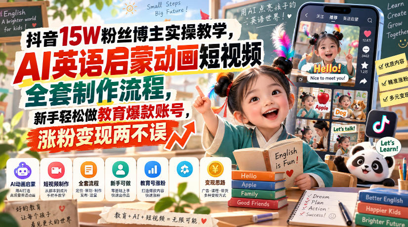 抖音15W粉丝博主实操教学，AI英语启蒙动画短视频全套制作流程，新手轻松做教育爆款账号，涨粉变现两不误-易创网