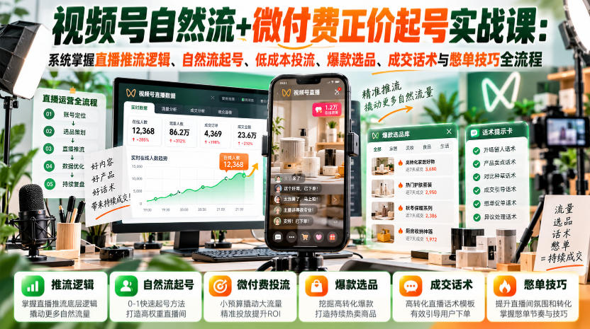 视频号自然流+微付费正价起号实战课：系统掌握直播推流逻辑、自然流起号、低成本投流、爆款选品、成交话术与憋单技巧全流程-易创网