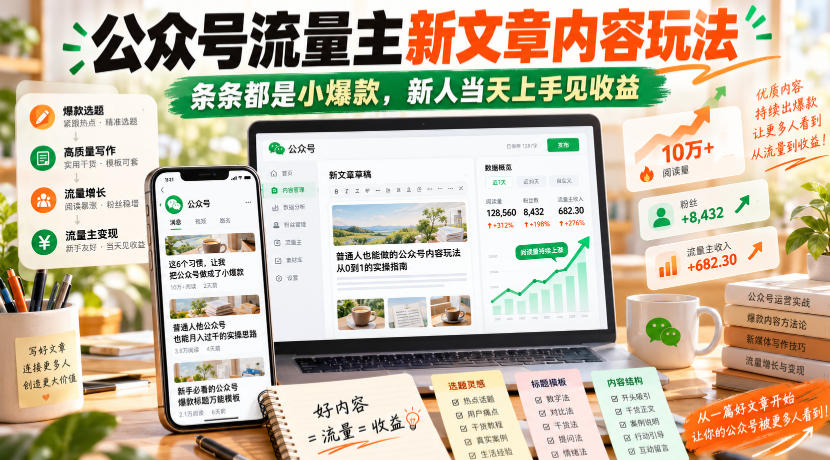公众号流量主新文章内容玩法，条条都是小爆款，新人当天上手见收益-易创网