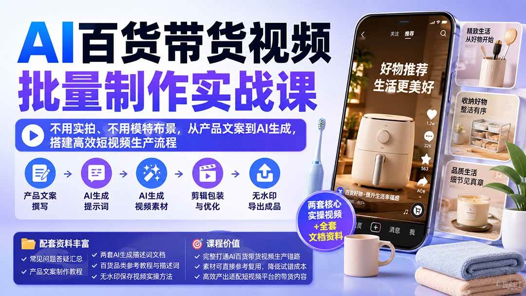 （20179期）AI百货带货视频批量制作实战课：不用实拍、不用模特布景，从产品文案到AI生成，搭建高效短视频生产流程-易创网