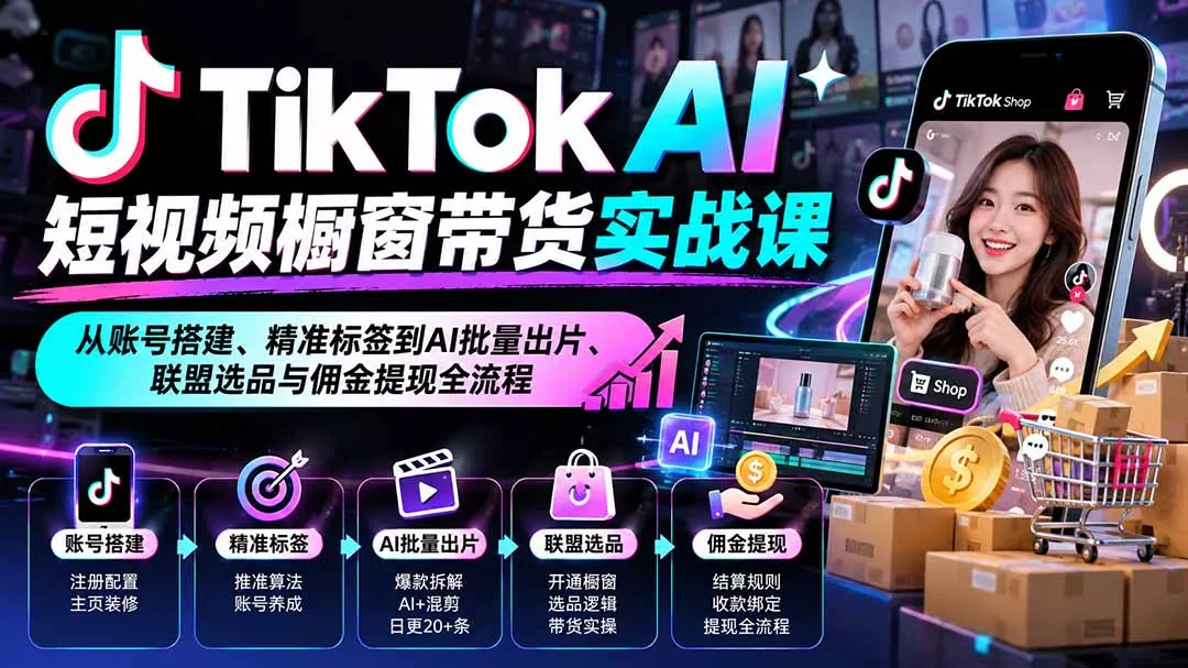 TikTok AI短视频橱窗带货实战课：从账号搭建、精准标签到AI批量出片、联盟选品与佣金提现全流程-易创网