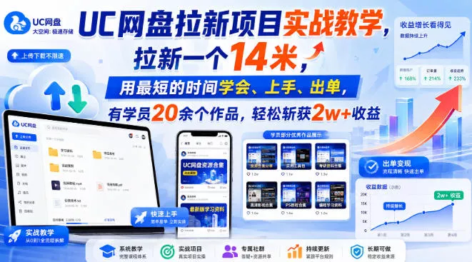 UC网盘拉新项目实战教学，拉新一个14米，用最短的时间学会、上手、出单，有学员20余个作品，轻松斩获2w+收益(更新0916)-易创网