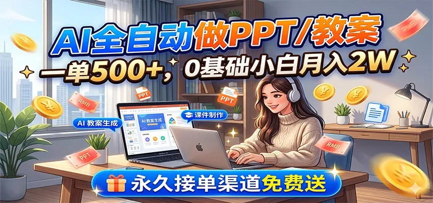 AI全自动做PPT/教案，一单500+，0基础小白月入2W，永久接单渠道免费送-易创网