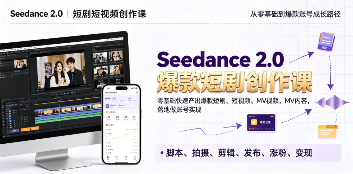 Seedance 2.0短剧短视频创作课，零基础快速产出爆款短剧、短视频、MV内容，落地做账号实现变现-易创网