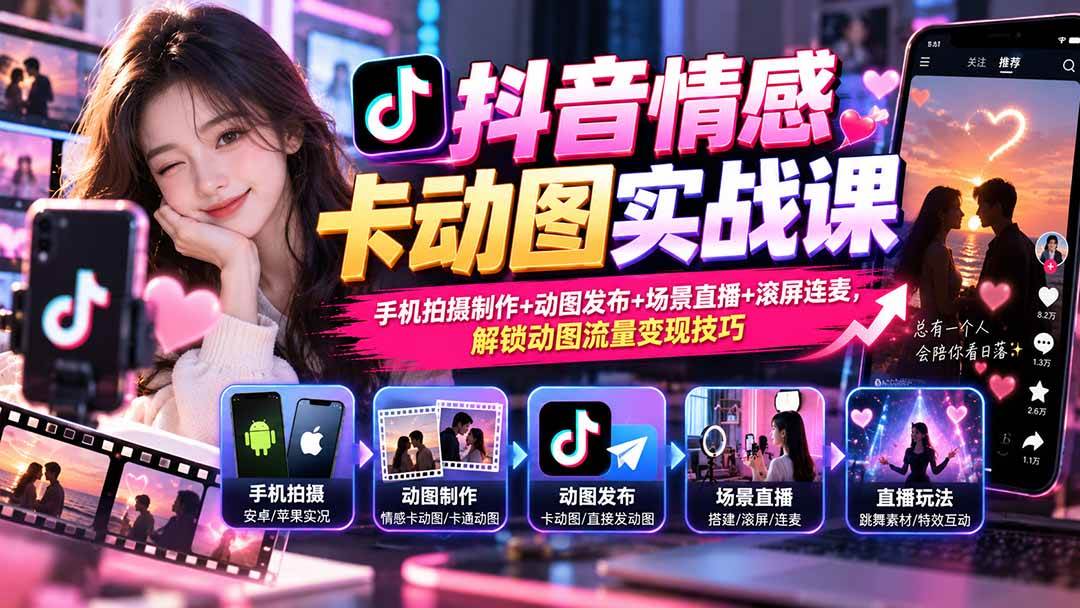 （20815期）抖音情感卡动图实战课：手机拍摄制作+动图发布+场景直播+滚屏连麦，解锁动图流量变现技巧-易创网