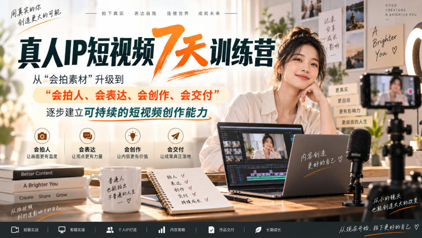 真人IP短视频7天训练营，从“会拍素材”升级到“会拍人、会表达、会创作、会交付”，逐步建立可持续的短视频创作能力-易创网