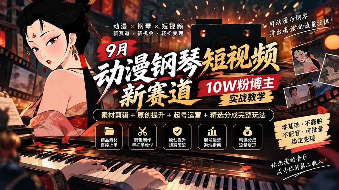 （20506期）9月动漫钢琴短视频新赛道｜10W粉博主实战教学，素材剪辑+原创提升+起号运营+精选分成完整玩法-易创网