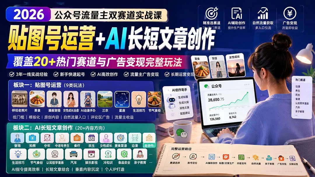 公众号流量主双赛道实战课：贴图号运营+AI长短文章创作，覆盖20+热门赛道与广告变现完整玩法-易创网