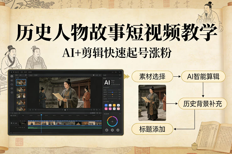 历史人物故事短视频教学，AI+剪辑制作历史人物题材短视频，快速起号涨粉网赚项目-副业赚线-互联网创业-资源整合易创网