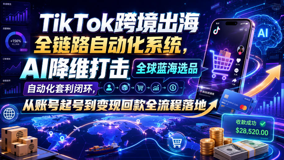 TikTok跨境出海全链路自动化系统，AI降维打击全球蓝海选品自动化套利闭环，从账号起号到变现回款全流程落地（2026年7月）-易创网