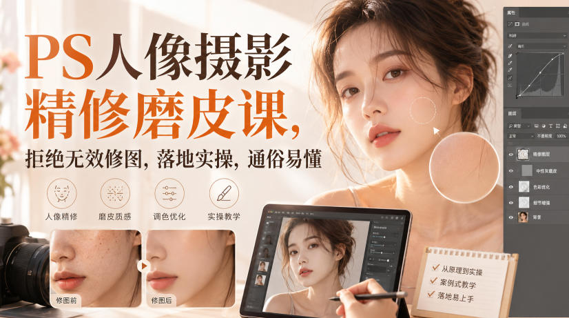 PS人像摄影精修磨皮课，拒绝无效修图，落地实操，通俗易懂-易创网