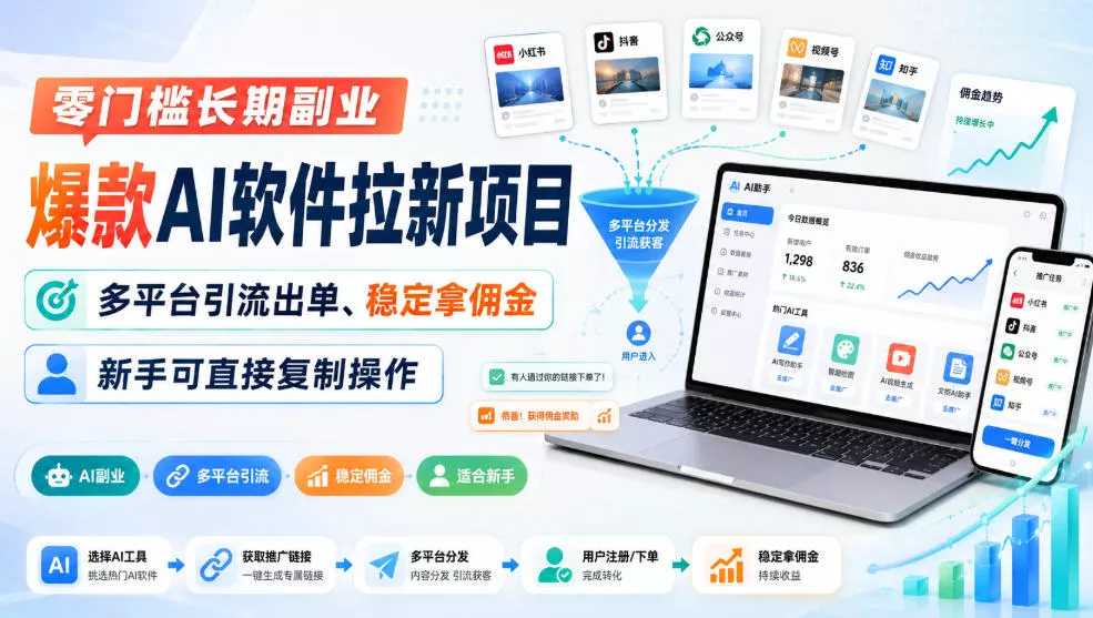 零门槛长期副业，爆款AI软件拉新项目，多平台引流出单、稳定拿佣金，新手可直接复制操作-易创网
