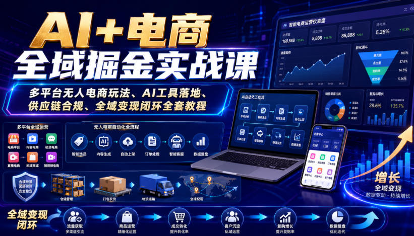AI+电商全域掘金实战课｜多平台无人电商玩法、AI工具落地、供应链合规、全域变现闭环全套教程-易创网