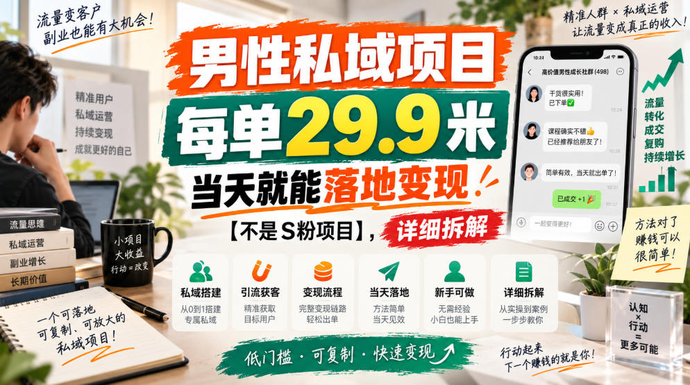 男性私域项目，每单29.9米，当天就能落地变现【不是S粉项目】，详细拆解-易创网