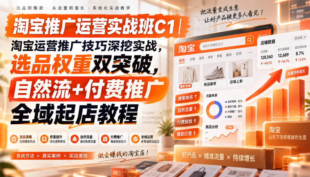 淘宝推广运营实战班C1｜淘宝运营推广技巧深挖实战，选品权重双突破，自然流+付费推广全域起店教程-易创网