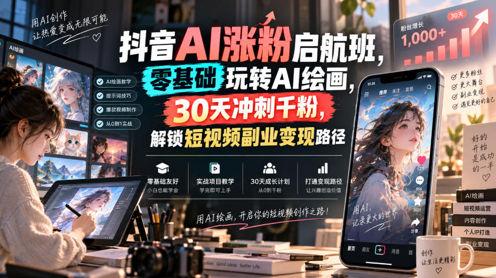 抖音AI涨粉启航班，零基础玩转AI绘画，30天冲刺千粉，解锁短视频副业变现路径-易创网