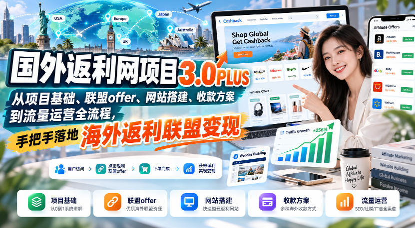 国外返利网项目3.0PLUS，从项目基础、联盟offer、网站搭建、收款方案到流量运营全流程，手把手落地海外返利联盟变现-易创网