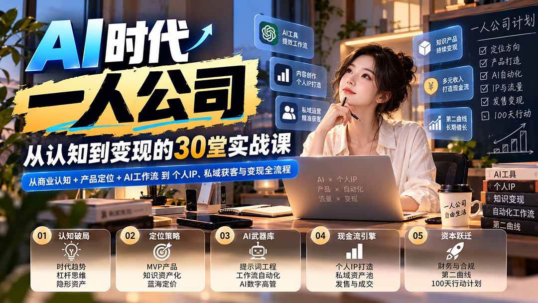 （20847期）【无水印】AI时代一人公司30堂实战课：从商业认知+产品定位+AI工作流到个人IP、私域获客与变现全流程-易创网