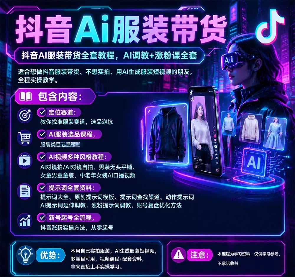 不用真人出镜的抖音AI服装带货课：AI对镜自拍、童装男装女装视频制作、起号涨粉，附提示词大全与调教模板-易创网