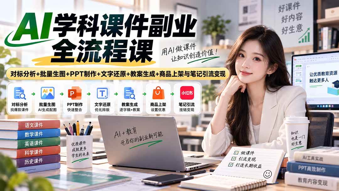 （20469期）AI学科课件副业全流程课｜对标分析+批量生图+PPT制作+文字还原+教案生成+商品上架与笔记引流变现-易创网
