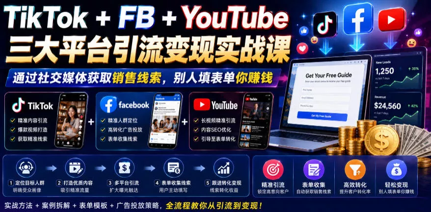 TikTok+FB+YouTube三大平台引流变现实战课，通过社交媒体获取销售线索，别人填表单你賺钱【原创双语字幕】-易创网