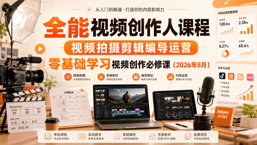 全能视频创作人课程，视频拍摄剪辑编导运营，零基础学习视频创作必修课（2026年8月）-易创网