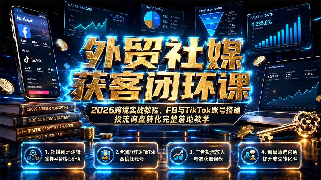 （19611期）外贸社媒获客闭环课｜2026跨境实战教程，FB与TikTok账号搭建投流询盘转化完整落地教学-易创网