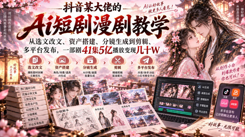 抖音某大佬的Ai短剧漫剧教学，从选文改文、资产搭建、分镜生成到剪辑、多平台发布，一部剧41集5亿播放变现几十W-易创网