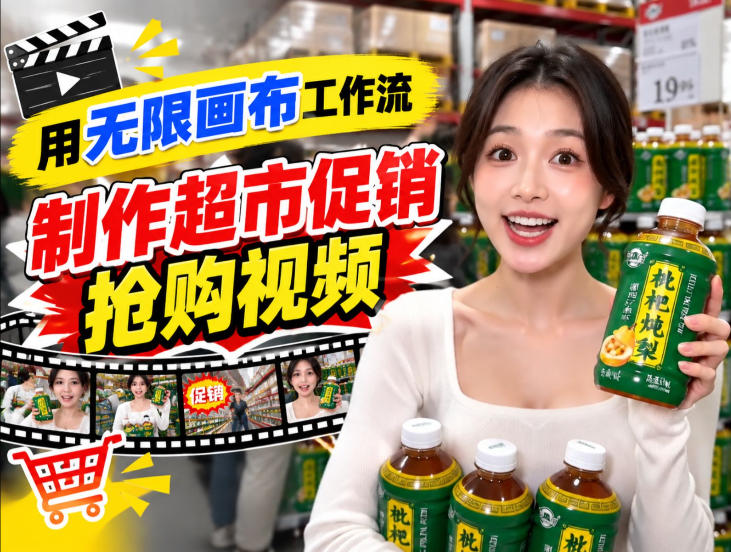 无限画布超市促销抢购视频工作流，一键产出TikTok抖音带货短视频-易创网