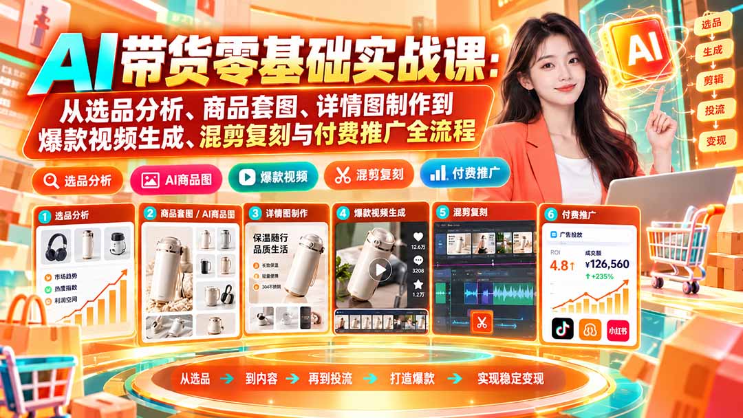 AI带货零基础实战课：从选品分析、商品套图、详情图制作到爆款视频生成、混剪复刻与付费推广全流程-易创网