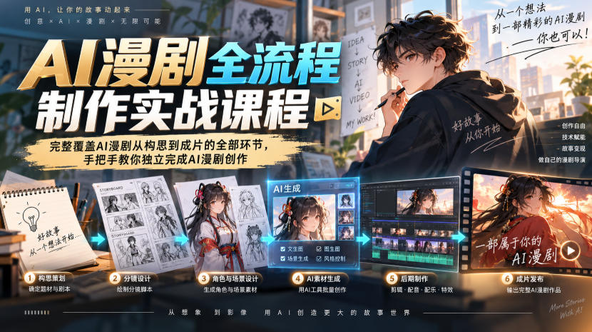 AI漫剧全流程制作实战课程，完整覆盖AI漫剧从构思到成片的全部环节，手把手教你独立完成AI漫剧创作-易创网