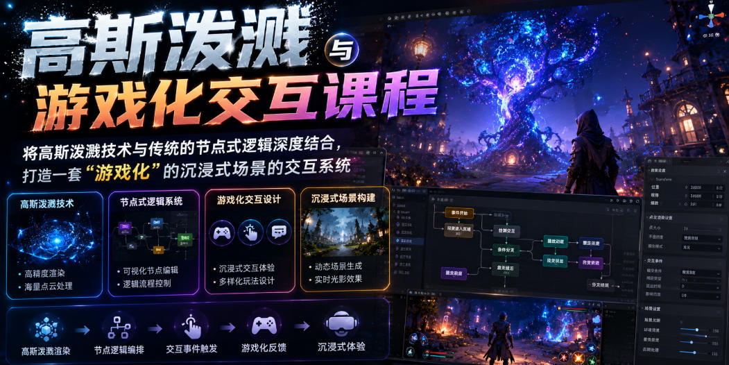高斯泼溅与游戏化交互课程，将高斯泼溅技术与传统的节点式逻辑深度结合，打造一套“游戏化”的沉浸式场景的交互系统-易创网