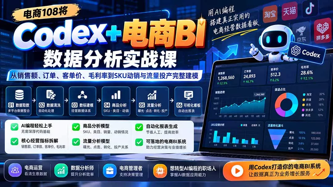 Codex+电商BI数据分析实战课-更新：从销售额、订单、客单价、毛利率到SKU动销与流量投产完整建模-易创网