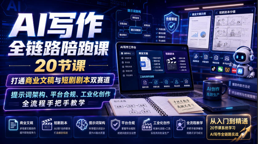 AI写作全链路陪跑课｜20节课打通商业文稿与短剧剧本双赛道，提示词架构、平台合规、工业化创作全流程手把手教学-易创网