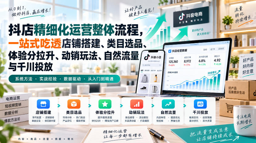 李哥电商-抖店精细化运营整体流程，一站式吃透店铺搭建、类目选品、体验分拉升、动销玩法、自然流量与千川投放-易创网