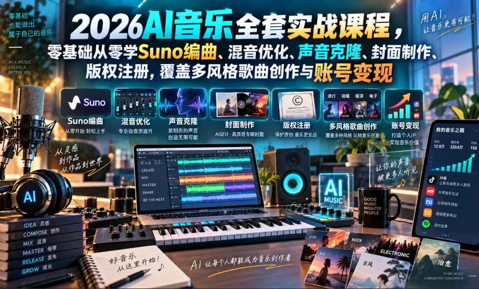 2026AI音乐实战课程，零基础从零学Suno编曲、混音优化、声音克隆、版权注册，覆盖多风格歌曲创作与账号变现(更新0924)-易创网