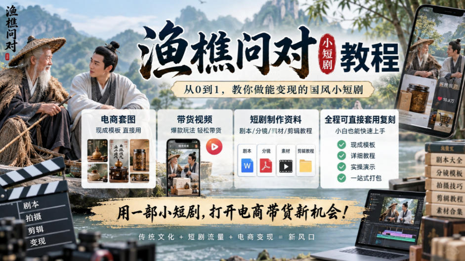 渔樵问对小短剧教程，包含电商套图、带货视频，短剧制作资料，全程可直接套用复刻-易创网