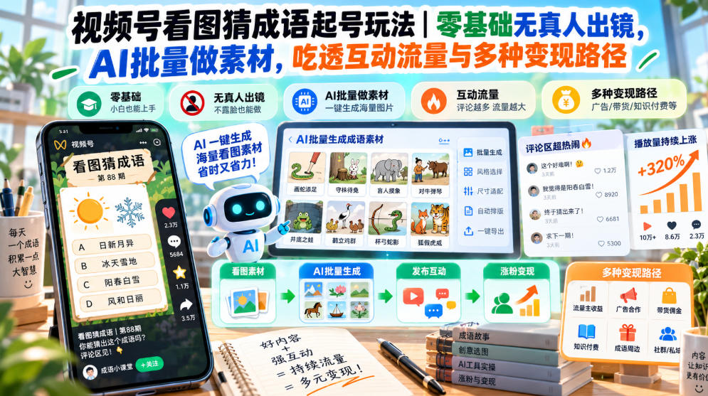 视频号看图猜成语起号玩法｜零基础无真人出镜，AI批量做素材，吃透互动流量与多种变现路径-易创网