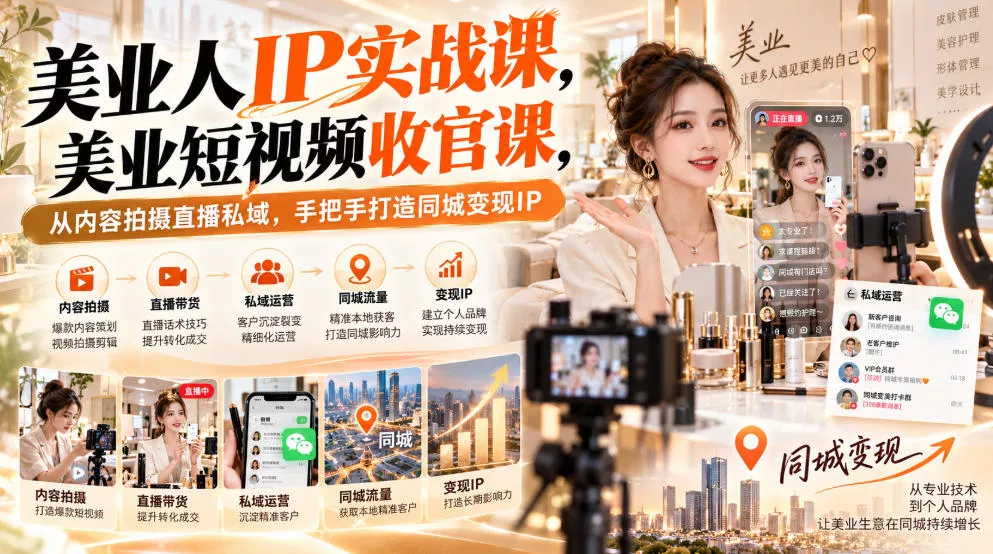 【无水印】美业人IP实战课，美业短视频收官课，从内容拍摄直播私域，手把手打造同城变现IP-易创网