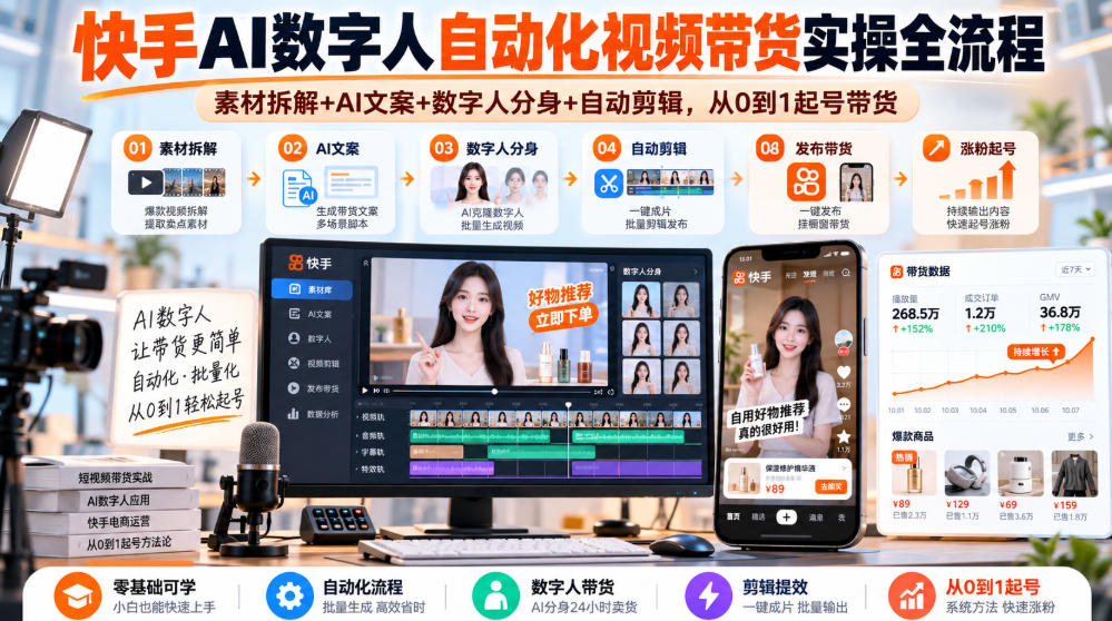 快手AI数字人自动化视频带货实操全流程｜素材拆解+AI文案+数字人分身+自动剪辑，从0到1起号带货（更新26年）-易创网
