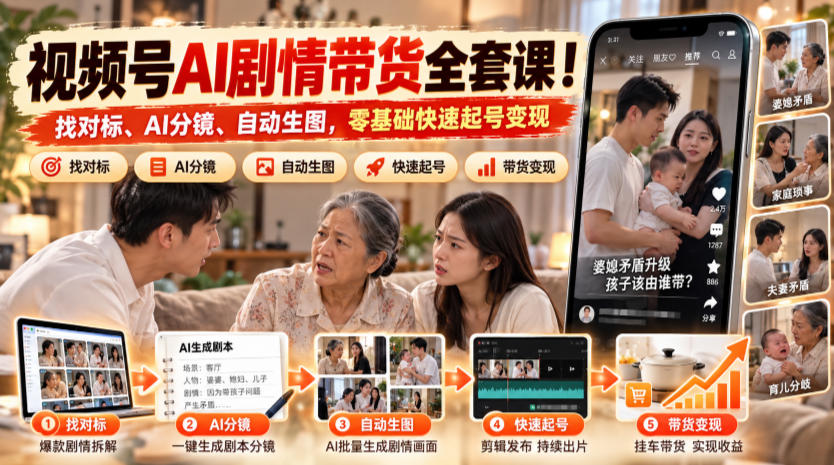 视频号AI剧情带货全套课！找对标、AI分镜、自动生图，零基础快速起号变现-易创网